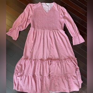 Chic Soul Pink White Polka Dot Cottagecore Long Sleeve Midi Dress 1X